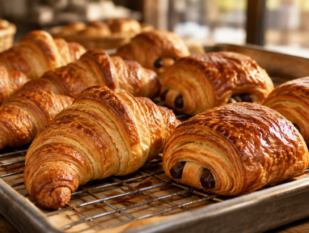 Croissants et pains au chocolat dorés sur une plaque