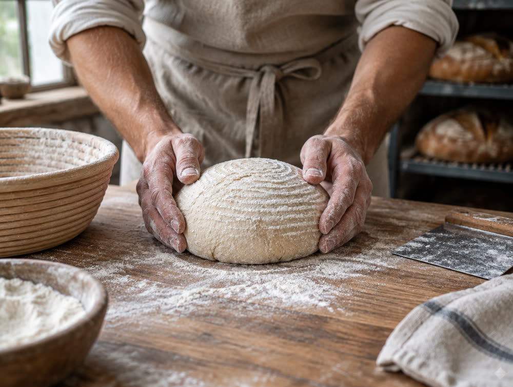 Mains d'un boulanger façonnant un pain au levain