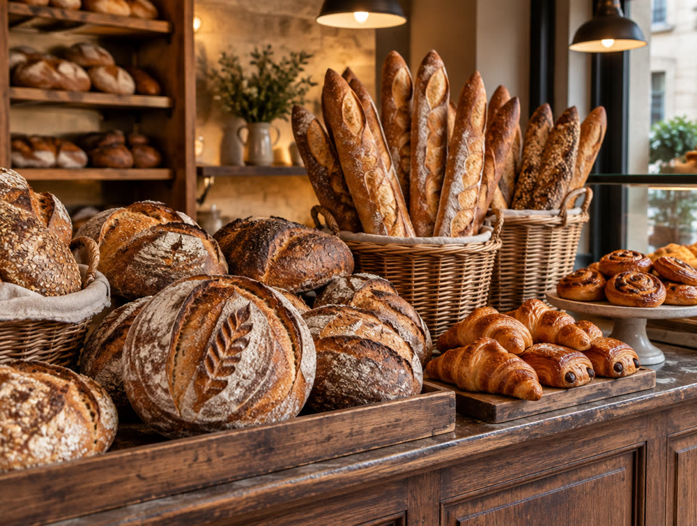 Comptoir garni de pains de campagne et de baguettes