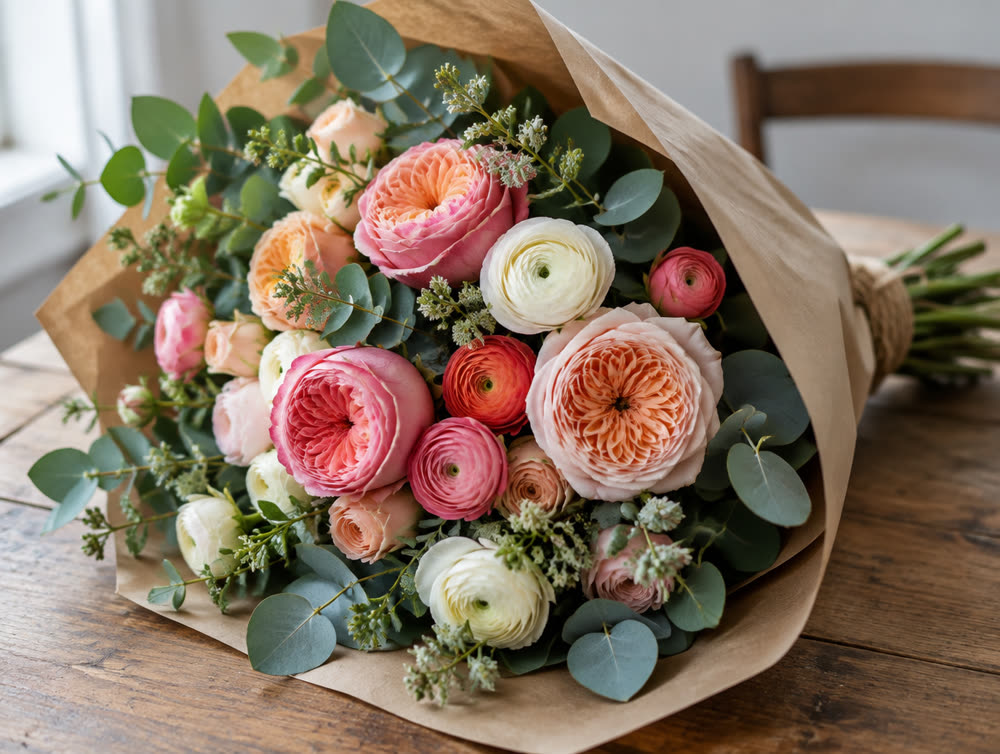 Bouquet de roses et renoncules emballé de papier kraft