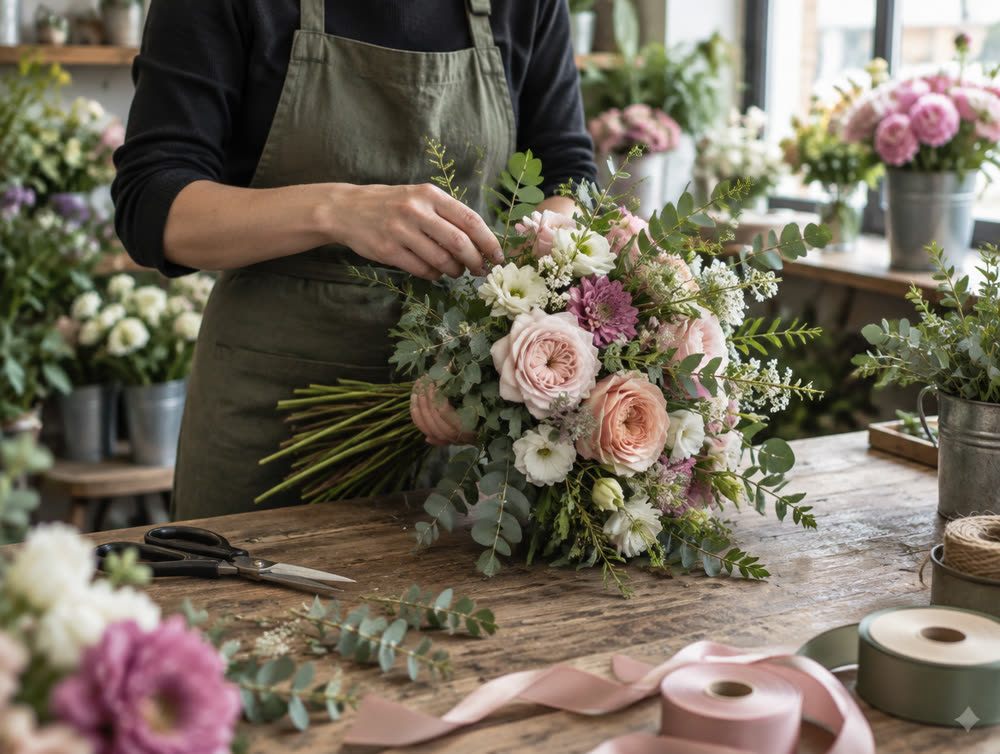 Composition d'un bouquet sur l'établi