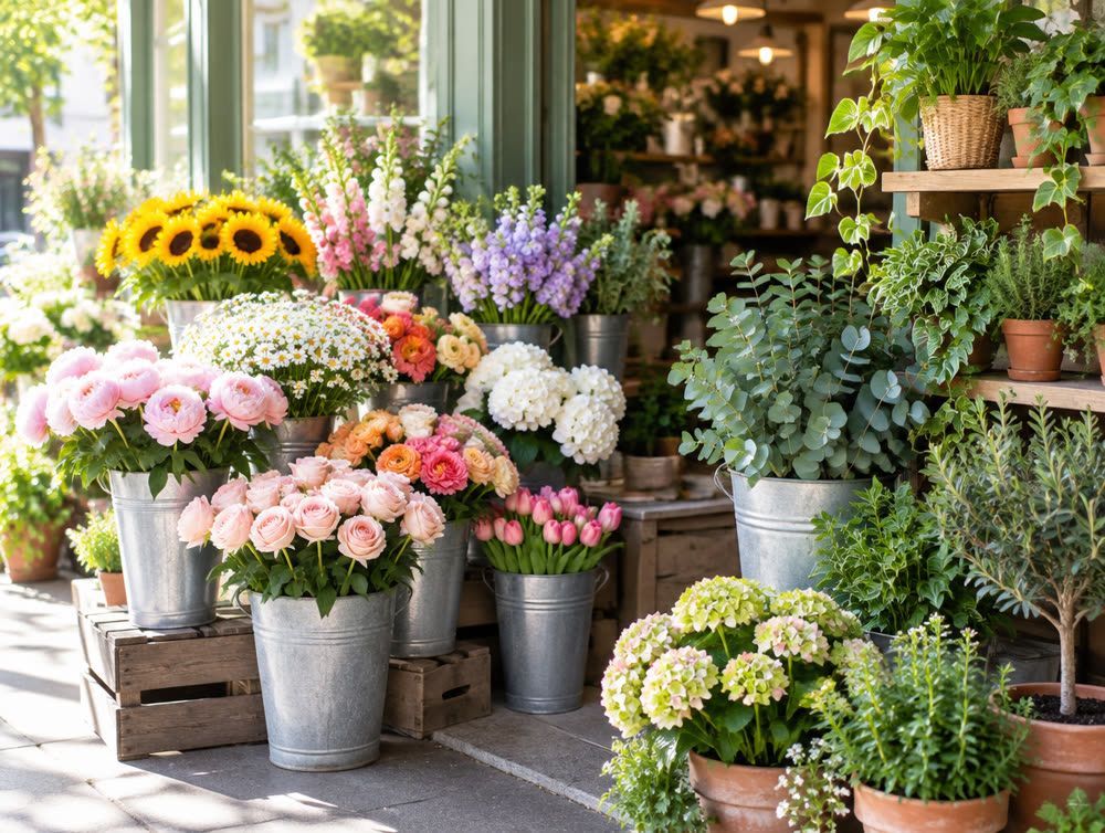 Étal de fleurs coupées et de plantes en pot