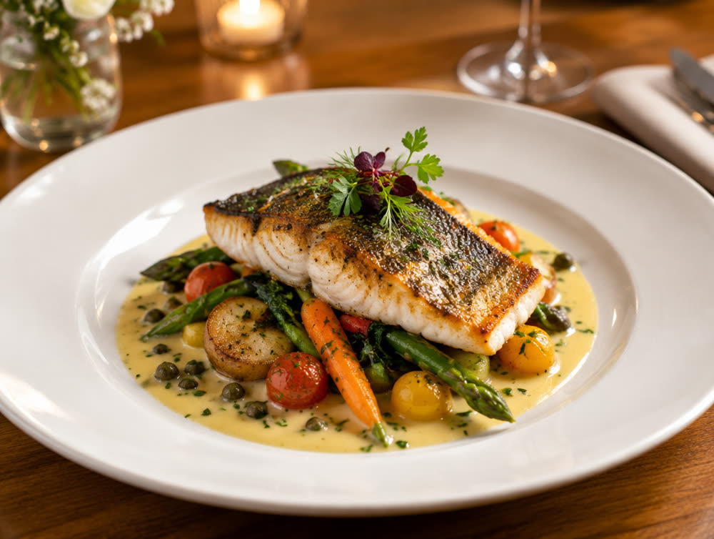 Assiette de poisson et légumes de saison