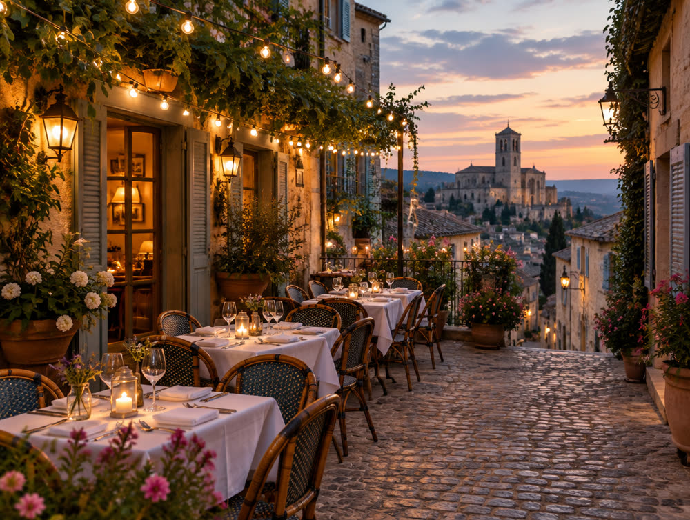 Terrasse dressée à la tombée de la nuit